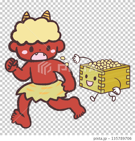 Illustration of a red demon being thrown beans at Setsubun beans 135789706