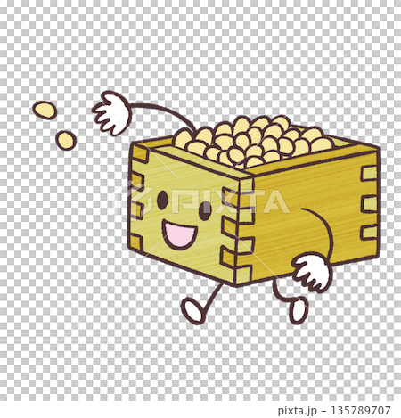 Illustration of beans being scattered from a masu Illustration of beans being scattered from a masu 135789707