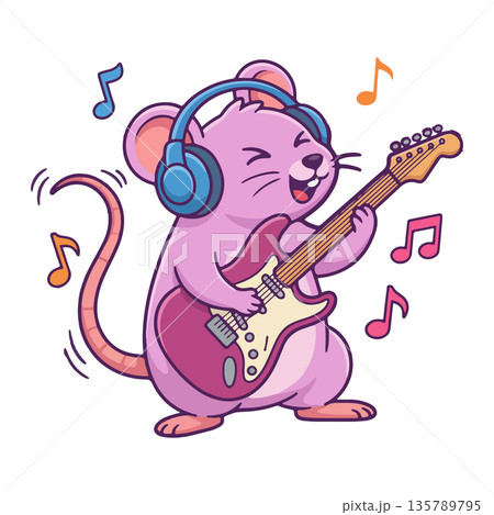 Cartoon Mouse Playing Electric Guitar 135789795