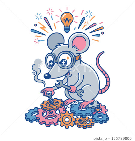 Cartoon Mouse Mechanic with Idea Cartoon Mouse Mechanic with Idea 135789800