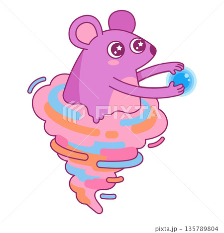 Cartoon Mouse in Colorful Tornado Holding Orb 135789804