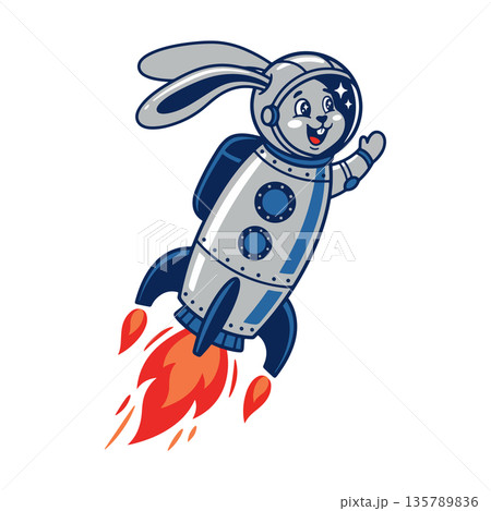 Cartoon Rabbit Astronaut on Rocket Cartoon Rabbit Astronaut on Rocket 135789836