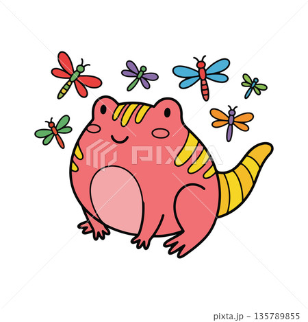 Cartoon Pink Salamander with Dragonflies 135789855
