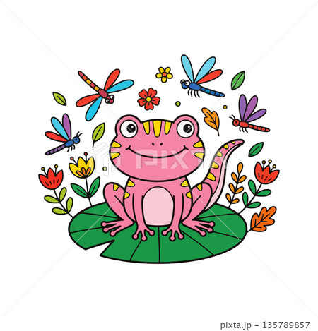 Cartoon Pink Salamander with Dragonflies Cartoon Pink Salamander with Dragonflies 135789857