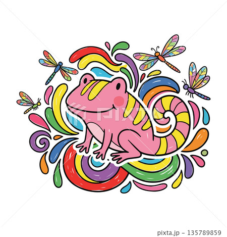 Cartoon Pink Salamander with Dragonflies 135789859