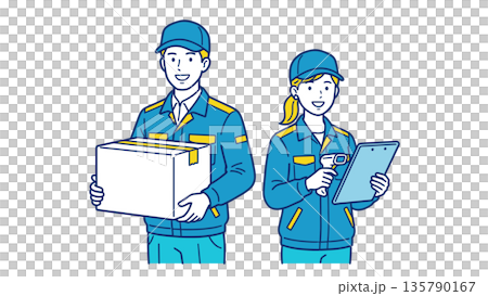 A logistics team illustration of a delivery man carrying luggage and a female staff member inspecting the goods 135790167