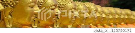 Golden Buddha statues in a row. Calm close-up of the pensive faces of Buddha in daylight. Golden Buddha statues in a row. Calm close-up of the pensive faces of Buddha in daylight. 135790173