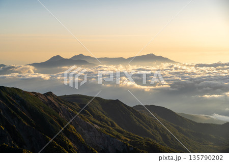 白馬岳から見るモルゲンロートの頸城三山(焼山、火打山、妙高山) 北アルプス白馬岳~雪倉岳縦走登山 白馬岳から見るモルゲンロートの頸城三山(焼山、火打山、妙高山) 北アルプス白馬岳~雪倉岳縦走登山 135790202