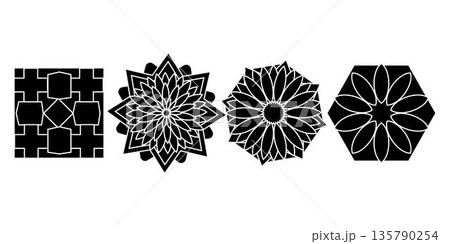 Collection of black and white Islamic geometric ornament icons with symmetrical shapes and clean line style. Suitable for pattern design branding decoration background animation and religious theme Collection of black and white Islamic geometric ornament icons with symmetrical shapes and clean line style. Suitable for pattern design branding decoration background animation and religious theme 135790254