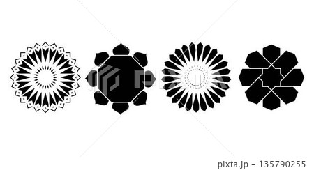 Collection of black and white Islamic geometric ornament icons with symmetrical shapes and clean line style. Suitable for pattern design branding decoration background animation and religious theme 135790255