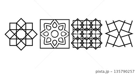 Collection of black and white Islamic geometric ornament icons with symmetrical shapes and clean line style. Suitable for pattern design branding decoration background animation and religious theme Collection of black and white Islamic geometric ornament icons with symmetrical shapes and clean line style. Suitable for pattern design branding decoration background animation and religious theme 135790257