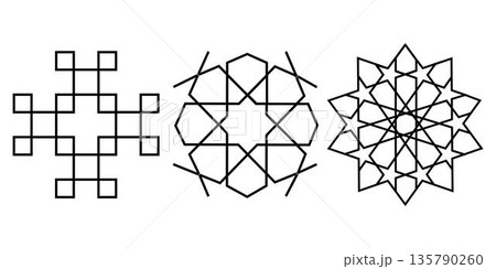 Collection of black and white Islamic geometric ornament icons with symmetrical shapes and clean line style. Suitable for pattern design branding decoration background animation and religious theme 135790260