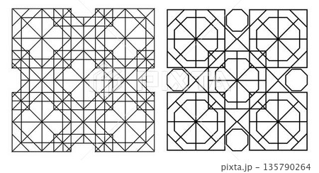 Collection of black and white Islamic geometric ornament icons with symmetrical shapes and clean line style. Suitable for pattern design branding decoration background animation and religious theme 135790264