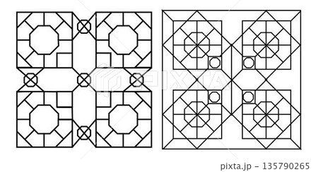 Collection of black and white Islamic geometric ornament icons with symmetrical shapes and clean line style. Suitable for pattern design branding decoration background animation and religious theme 135790265