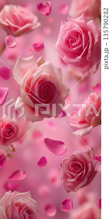 Pink rose blossoms and petals falling on soft background. Pink rose blossoms and delicate petals gently floating, creating a beautiful floral pattern 135790282