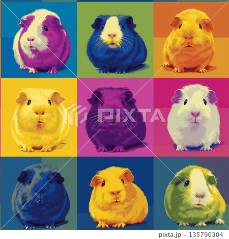 Pop art guinea pig distinct pet portraits grid. Nine cute guinea pigs in a colorful pop art distinct grid pattern 135790304