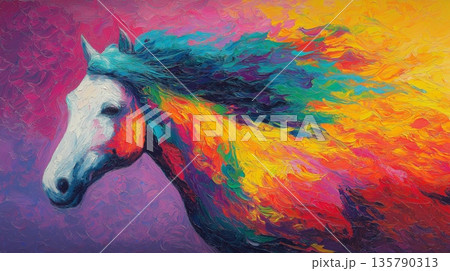 Vibrant abstract horse galloping with colorful movement. Abstract horse painting showcasing energetic movement and a spectrum of vibrant colors 135790313