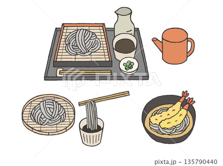 ざるそばと天ぷら蕎麦の手描きイラストセット 135790440
