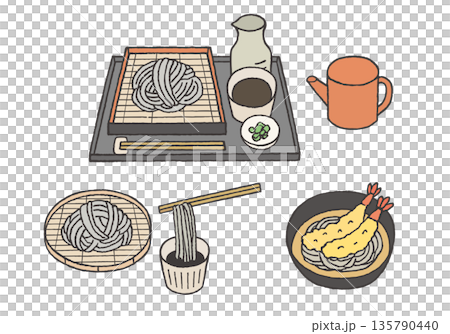扎魯蕎麥麵與天婦羅蕎麥麵手繪插圖集 135790440