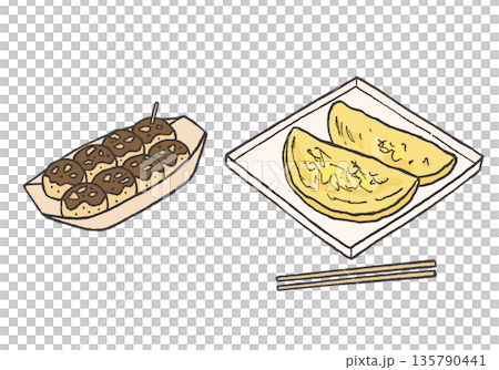 Hand-drawn illustration of takoyaki and grilled squid 135790441