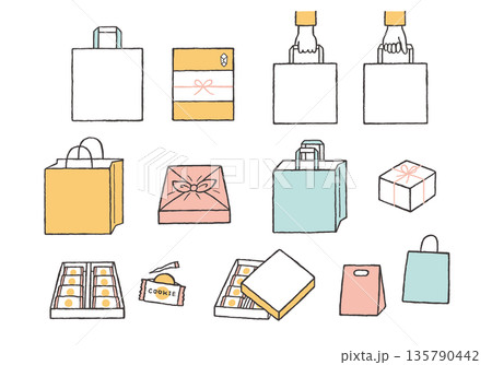 手土産や紙袋の手描きイラストセット 135790442