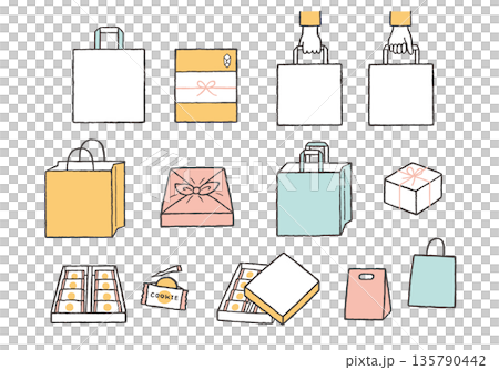 Hand-drawn illustration set of souvenirs and paper bags Hand-drawn illustration set of souvenirs and paper bags 135790442