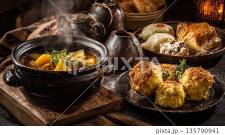 Steaming hearty rustic stew with potatoes and traditional dumplings 135790941