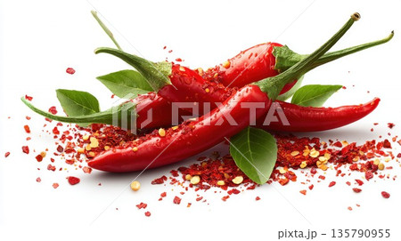 Red chili peppers with spicy flakes on a white background Red chili peppers with spicy flakes on a white background 135790955