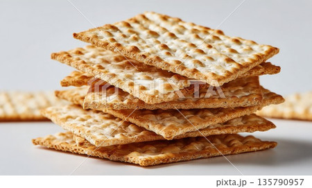 Matzah crackers stacked in a neat pile on a white background Matzah crackers stacked in a neat pile on a white background 135790957