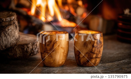 Handmade wooden cups on a rustic stone surface by a warm fireplace Handmade wooden cups on a rustic stone surface by a warm fireplace 135790975