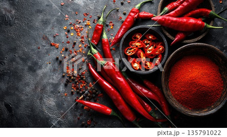 Fresh red chili peppers with powder and flakes on dark surface Fresh red chili peppers with powder and flakes on dark surface 135791022