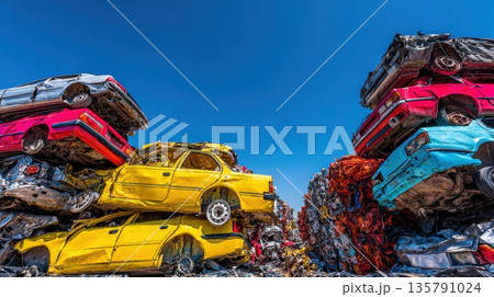 Colorful crushed cars stacked high in a large junkyard under a blue sky Colorful crushed cars stacked high in a large junkyard under a blue sky 135791024