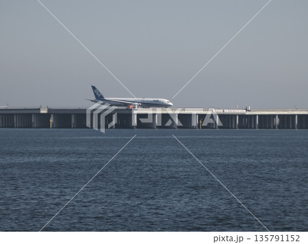 羽田空港D滑走路の桟橋上に駐機するANA機と東京湾の穏やかな海面 135791152