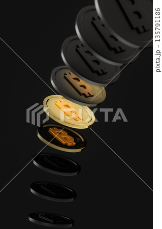 Golden Bitcoin cryptocurrency on dark background with growth concept. 3d rendering Golden Bitcoin cryptocurrency on dark background with growth concept. 3d rendering 135791186