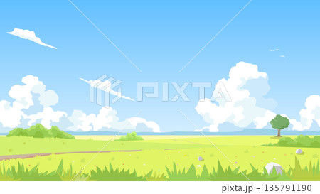 Vector illustration of beautiful summer landscape dirt path on green grassy meadow distant blue mountains and large fluffy white cumulus clouds against a blue sky. For textured nature background. 135791190