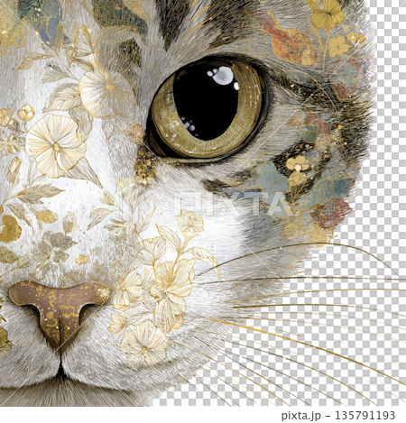 大きな瞳の猫のアップと花柄の装飾イラスト 伝統的な和柄の和モダン素材 透過PNG 135791193