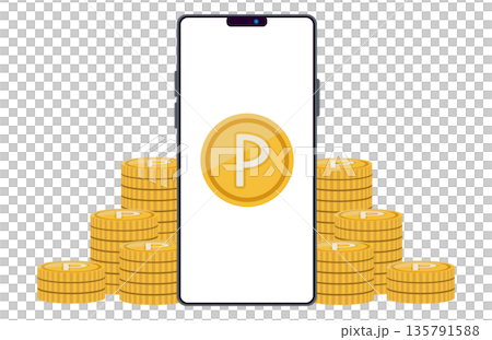 一堆積分硬幣和一部智慧型手機的插圖 135791588