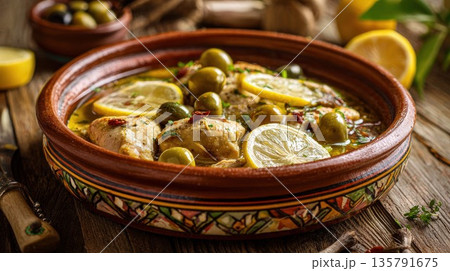 Moroccan chicken tagine cooked with lemon and olives on a rustic wooden table Moroccan chicken tagine cooked with lemon and olives on a rustic wooden table 135791675