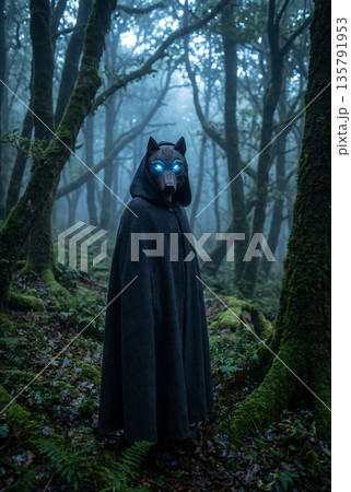 Mysterious wolf figure standing in dark, misty forest with glowing blue eyes and cloak. 135791953