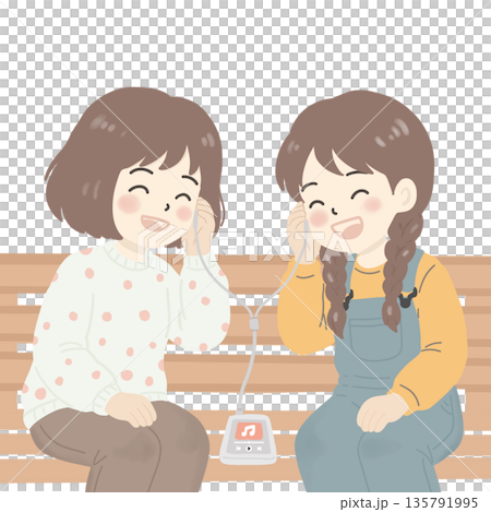 Two best friends sitting together and sharing music through earphones, expressing joy, connection, and friendship. Two best friends sitting together and sharing music through earphones, expressing joy, connection, and friendship. 135791995