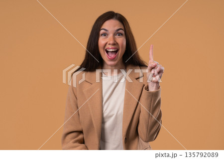 Breakthrough Genius Idea. Happy Businesswoman Eureka Moment, Pointing Finger Up 135792089