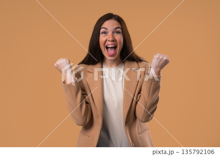 Happy Businesswoman Victory Gesture Yes, Clenched Fist, Joy Triumph Expression Happy Businesswoman Victory Gesture Yes, Clenched Fist, Joy Triumph Expression 135792106
