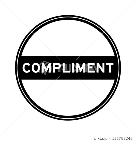 Black color round seal sticker in word compliment on white background 135792249