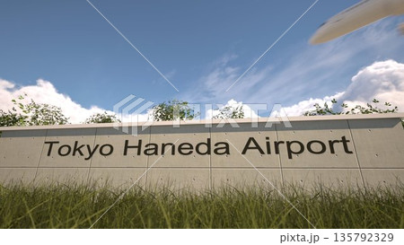 Arrivals at Tokyo Haneda Airport with airplane landing near terminal, Tokyo, Japan 3D rendering 135792329