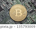Bitcoin golden coin on green computer circuit board 135793009