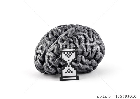 Human silver brain model with paper pixel hourglass computer symbol represents that the system is busy, processing data. 135793010