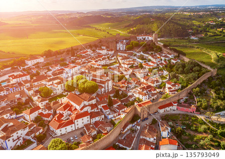 Aerial view of Obidos with historic walls and castle, Leiria district, Portugal Aerial view of Obidos with historic walls and castle, Leiria district, Portugal 135793049