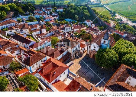 Aerial view of Obidos with historic walls and castle, Leiria district, Portugal Aerial view of Obidos with historic walls and castle, Leiria district, Portugal 135793051