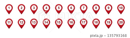 Red location pins numbered one to twenty displayed in a horizontal arrangement Red location pins numbered one to twenty displayed in a horizontal arrangement 135793168