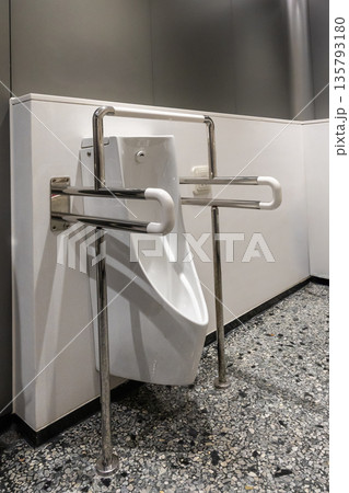Generic disability friendly urinal with hand rails, bars and aids. Generic disability friendly urinal with hand rails, bars and aids. 135793180
